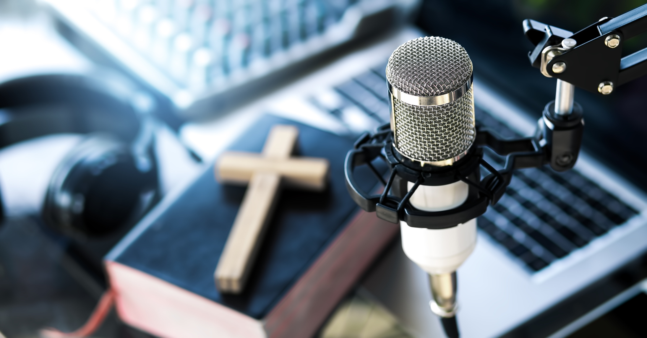 Christian radio broadcast, podcast studio interior. preacher rea