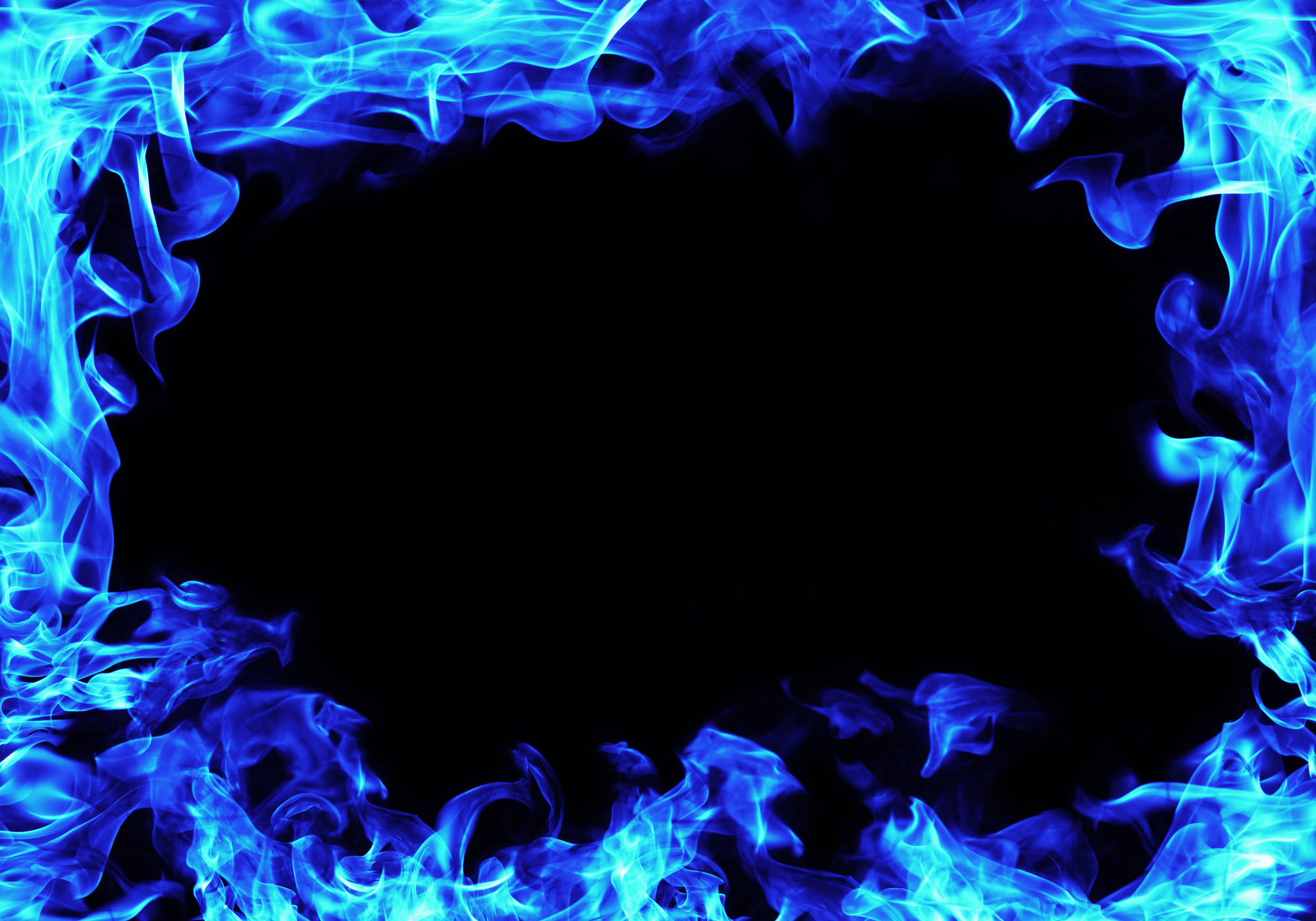 blue fire flames frame on black background